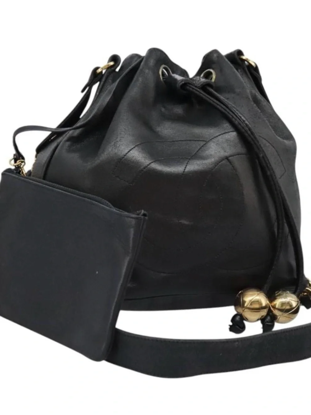 Chanel Vintage Coco Chain Black Leather Shoulder Bucket Bag Authentic